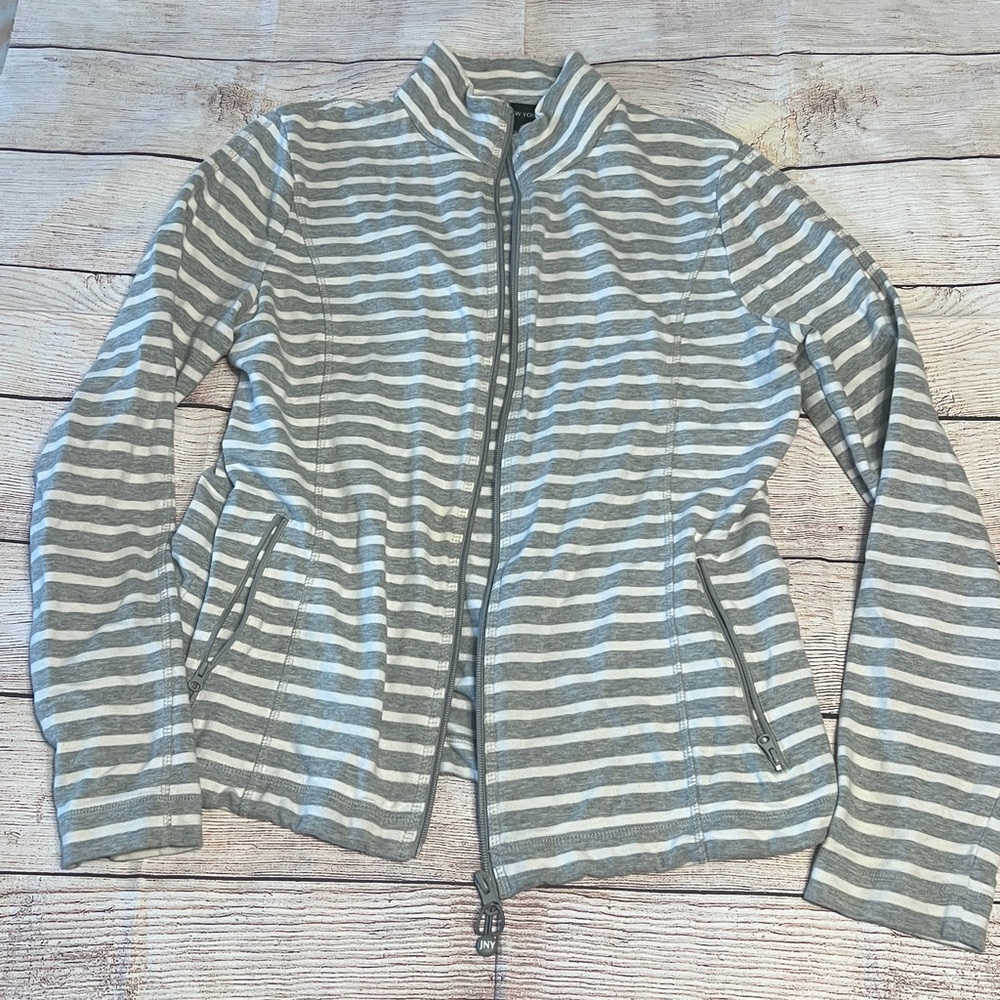 Jones New York Gray and Cream Striped zip jacket